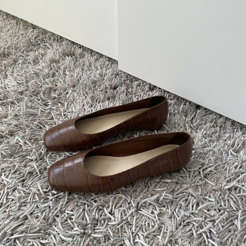 Everlane Toe Flat Leather Brown Crocodile Print Square Women's Sz 11 US❤️ - Picture 3 of 8